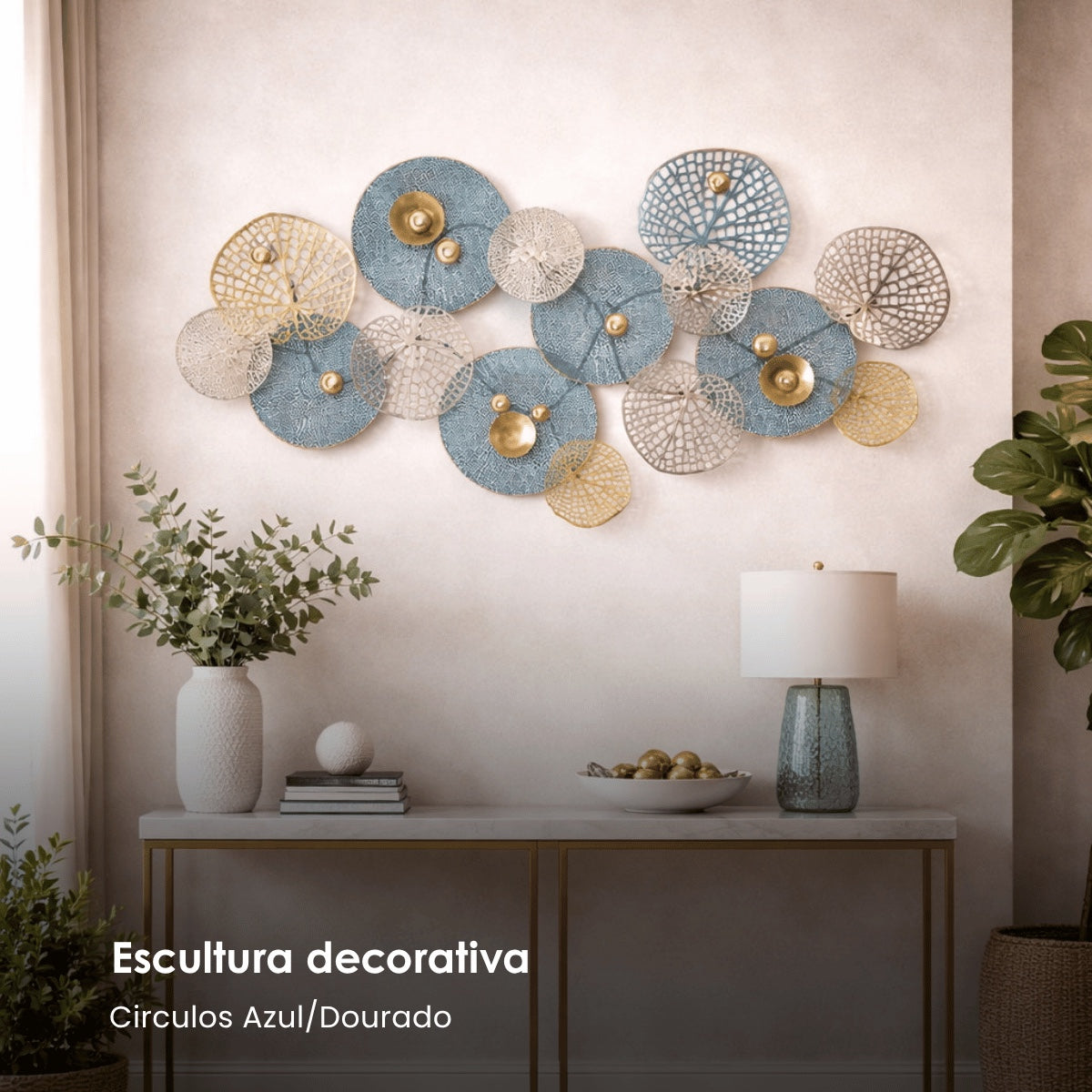 Escultura de Parede Circulos Azul/dourado 126x7x67cm