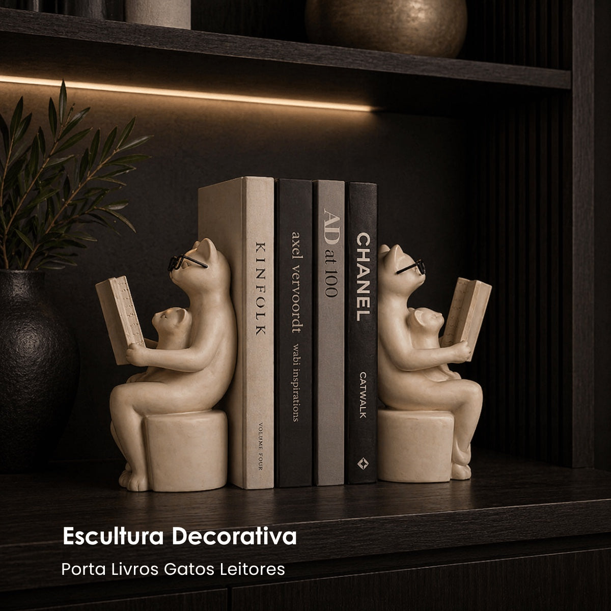 Jg. Porta Livros Gatos Leitores 16cm