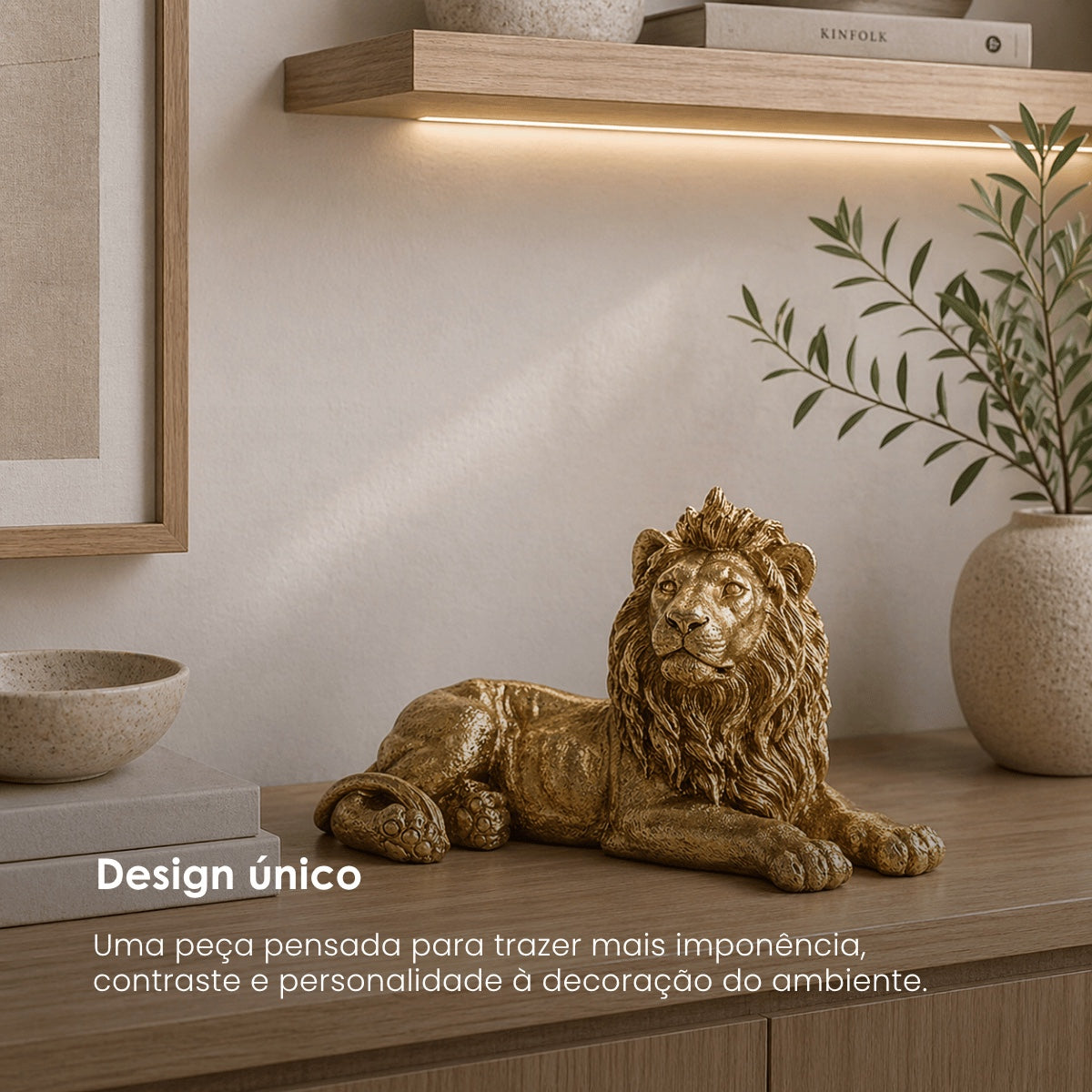 Escultura Leao Em Repouso Dourado 40cm