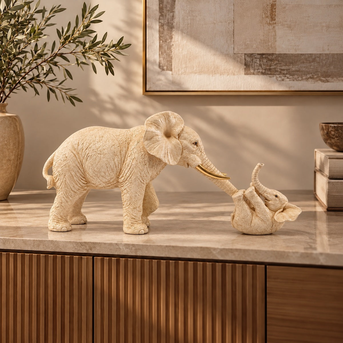Escultura Elefante Brincando C/ Filho 19cm