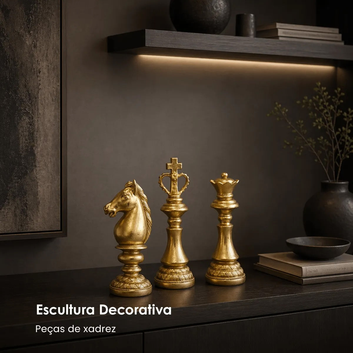 Jg. 3 Esculturas Xadrez Dourada 20cm